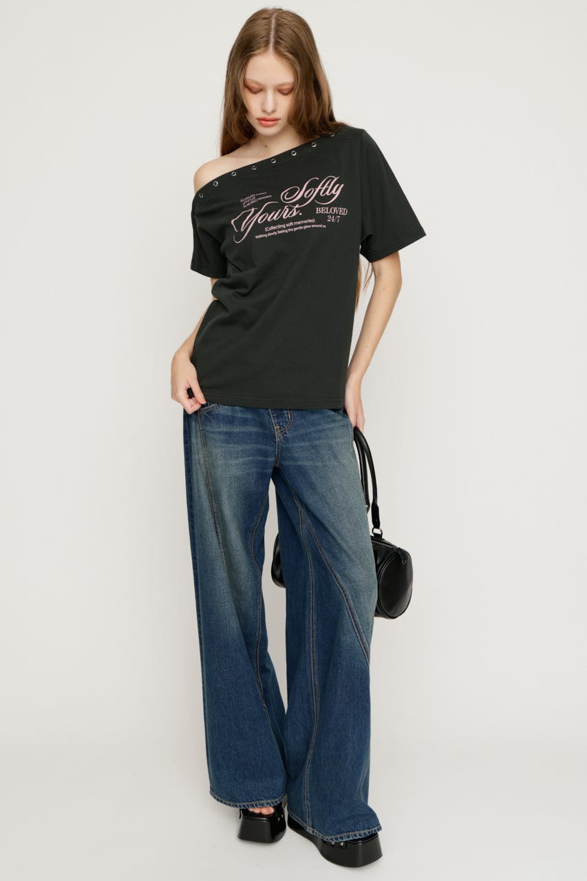 ONE SHOULDER PRINT トップス L/BLK FREE