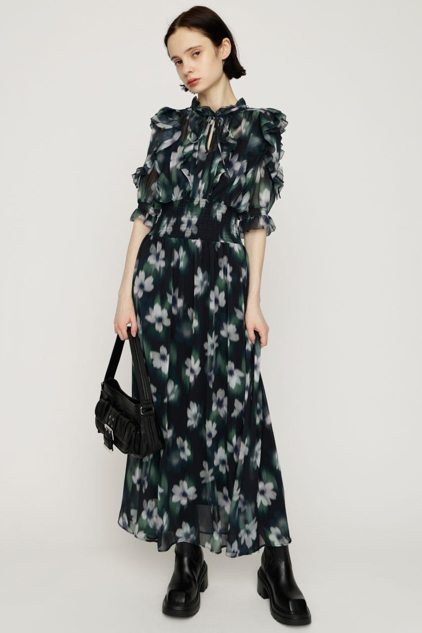 BLUR FLOWER LONG ワンピース M/BLK FREE