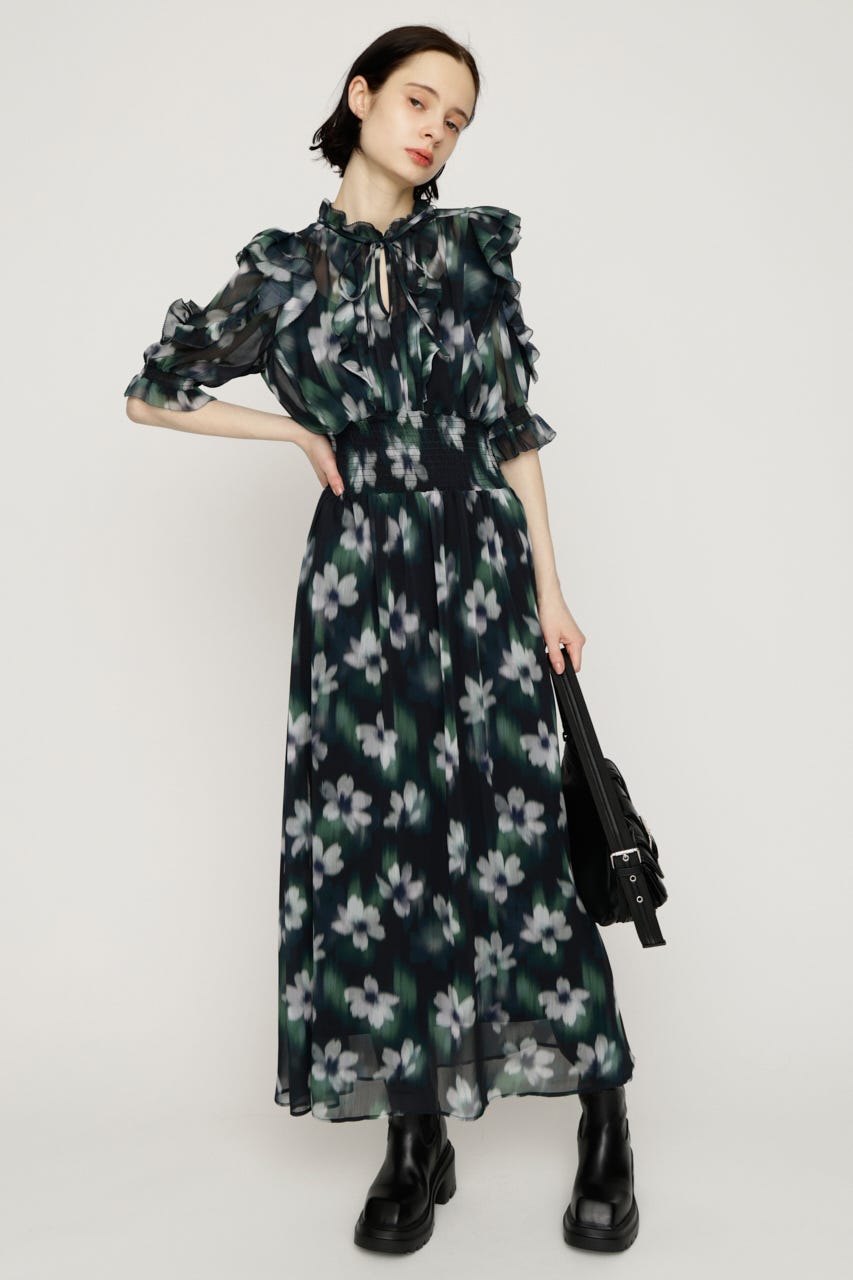 BLUR FLOWER LONG ワンピース M/BLK FREE