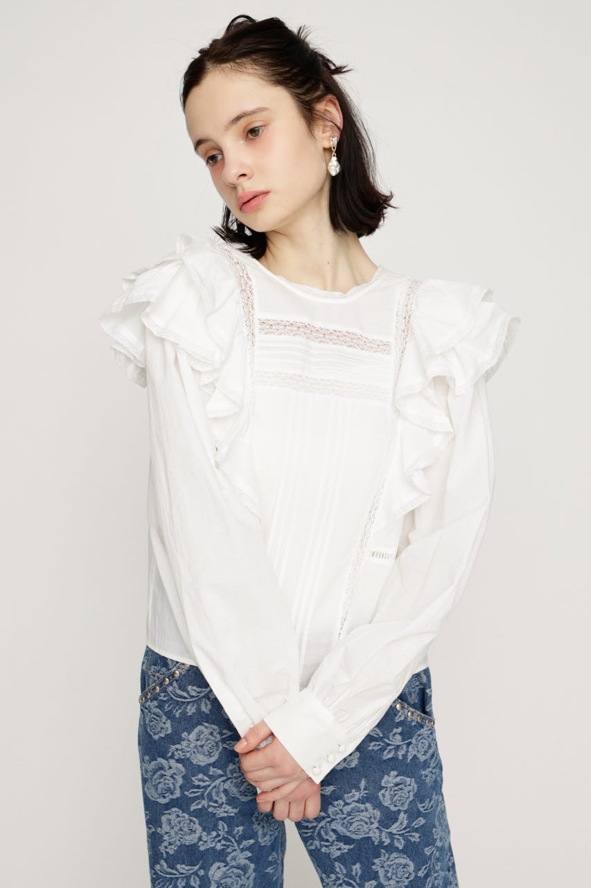 2WAY RIBBON FRILL LACE トップス O/WHT FREE