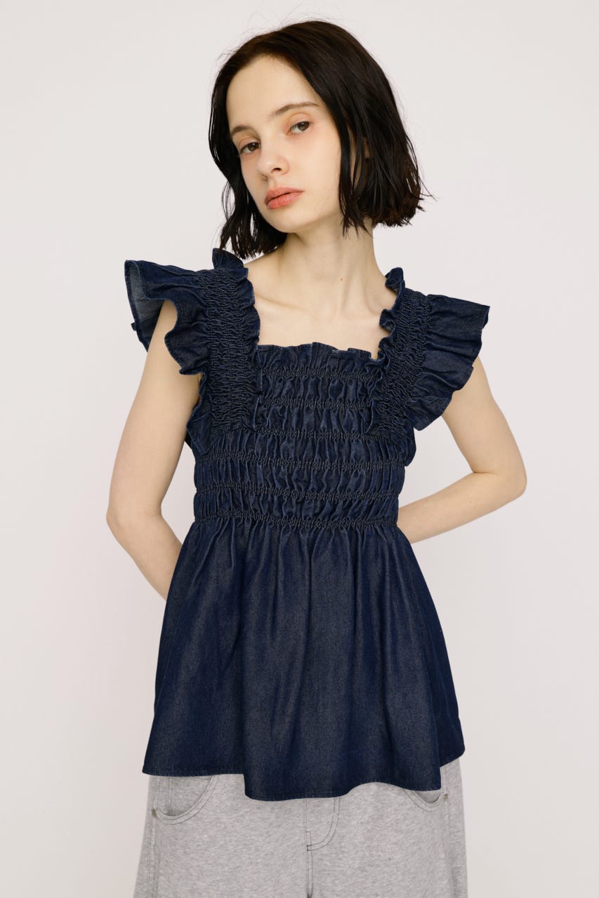 【SNSで話題！】DENIM ARM FRILL トップス BLU FREE