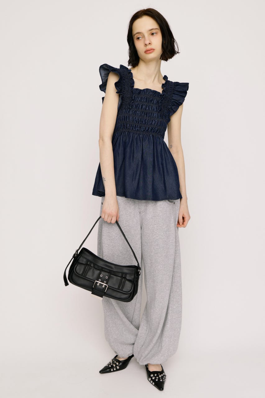 【SNSで話題！】DENIM ARM FRILL トップス BLU FREE