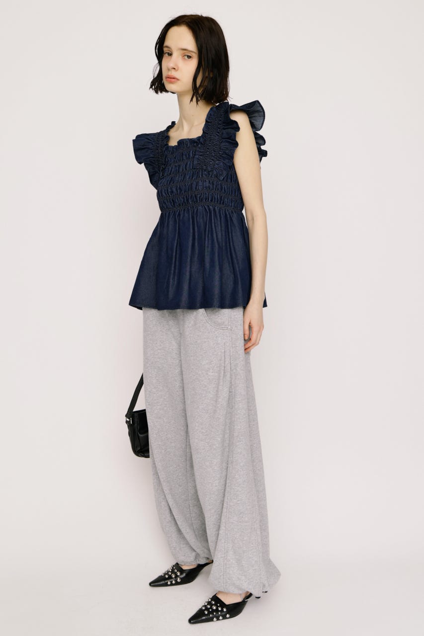 【SNSで話題！】DENIM ARM FRILL トップス BLU FREE