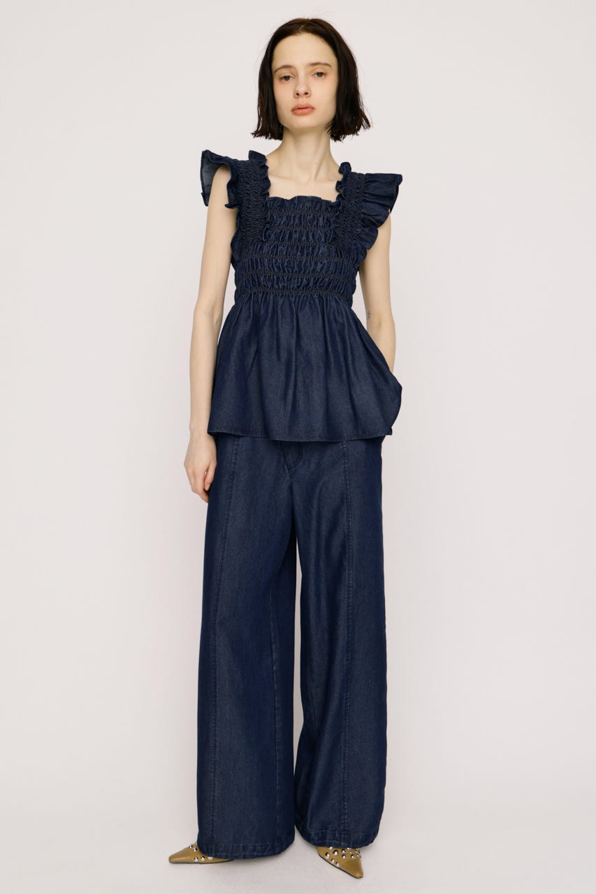 【SNSで話題！】DENIM ARM FRILL トップス BLU FREE