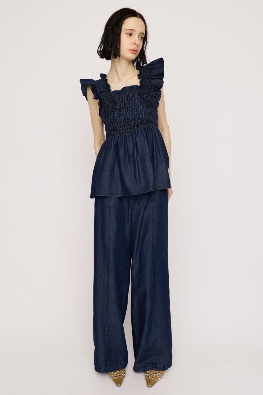 【SNSで話題！】DENIM ARM FRILL トップス BLU FREE