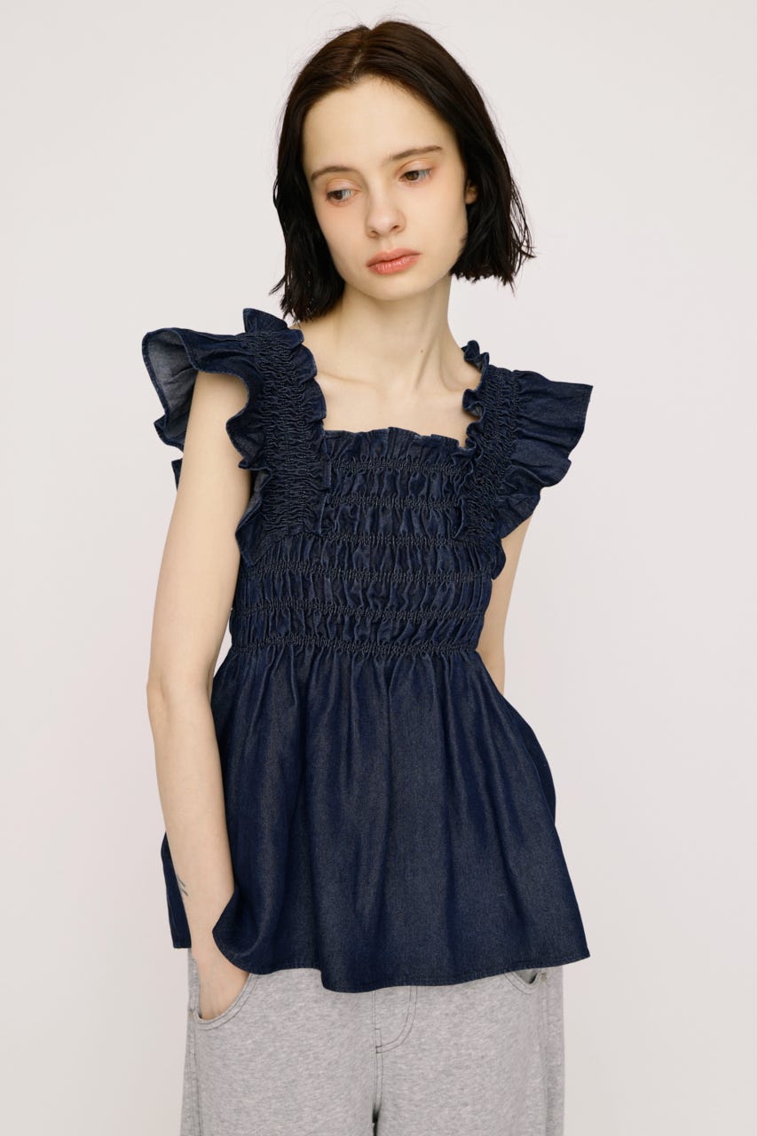 【SNSで話題！】DENIM ARM FRILL トップス BLU FREE