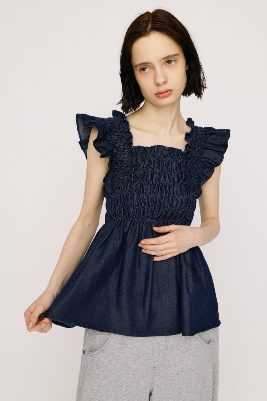 【SNSで話題！】DENIM ARM FRILL トップス BLU FREE