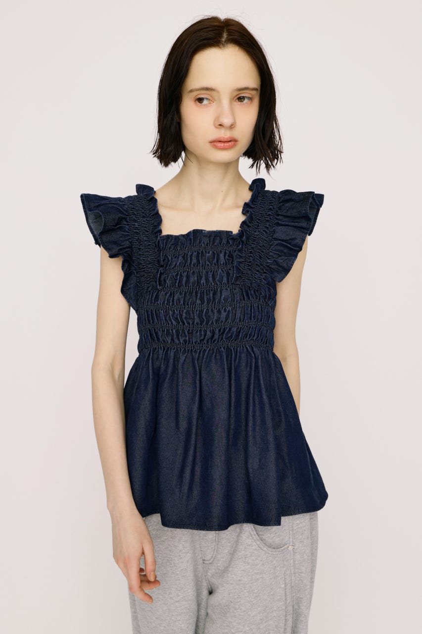 【SNSで話題！】DENIM ARM FRILL トップス BLU FREE