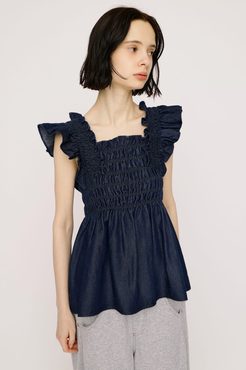 【SNSで話題！】DENIM ARM FRILL トップス BLU FREE