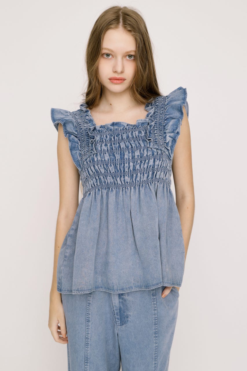 【SNSで話題！】DENIM ARM FRILL トップス L/BLU FREE