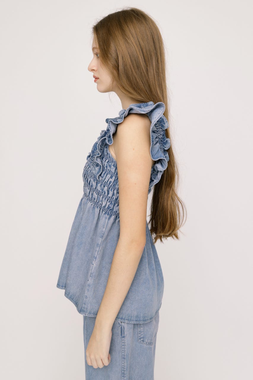 【SNSで話題！】DENIM ARM FRILL トップス L/BLU FREE