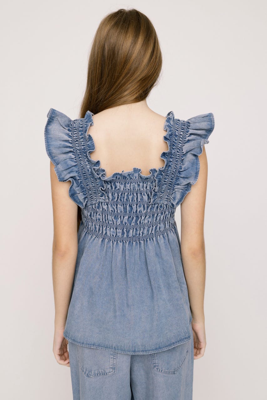 【SNSで話題！】DENIM ARM FRILL トップス L/BLU FREE