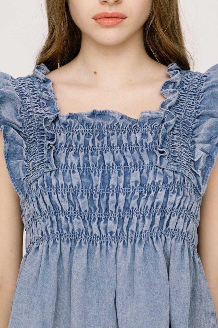 【SNSで話題！】DENIM ARM FRILL トップス L/BLU FREE