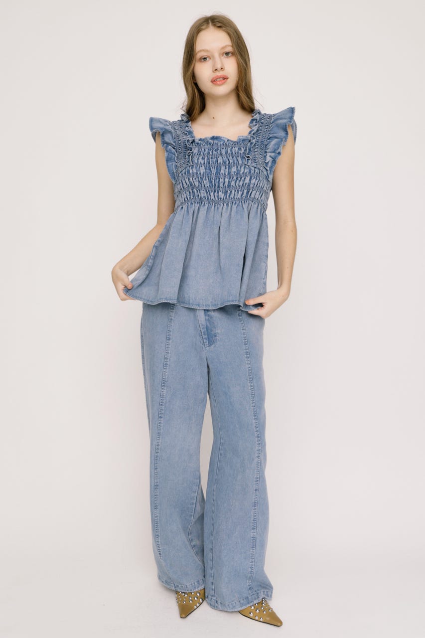 【SNSで話題！】DENIM ARM FRILL トップス L/BLU FREE