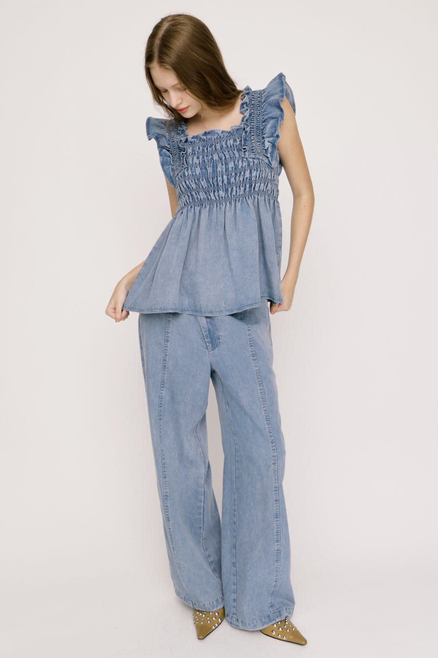 【SNSで話題！】DENIM ARM FRILL トップス L/BLU FREE