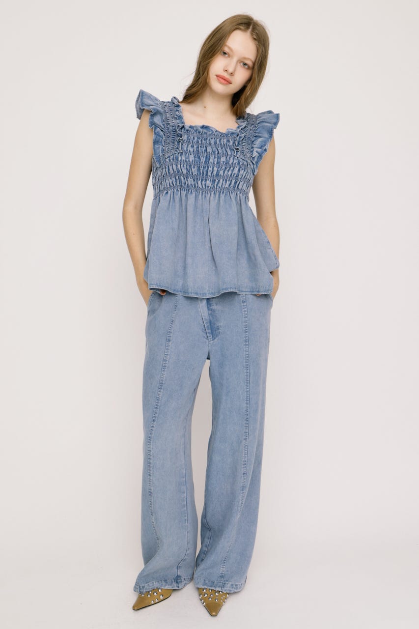 【SNSで話題！】DENIM ARM FRILL トップス L/BLU FREE