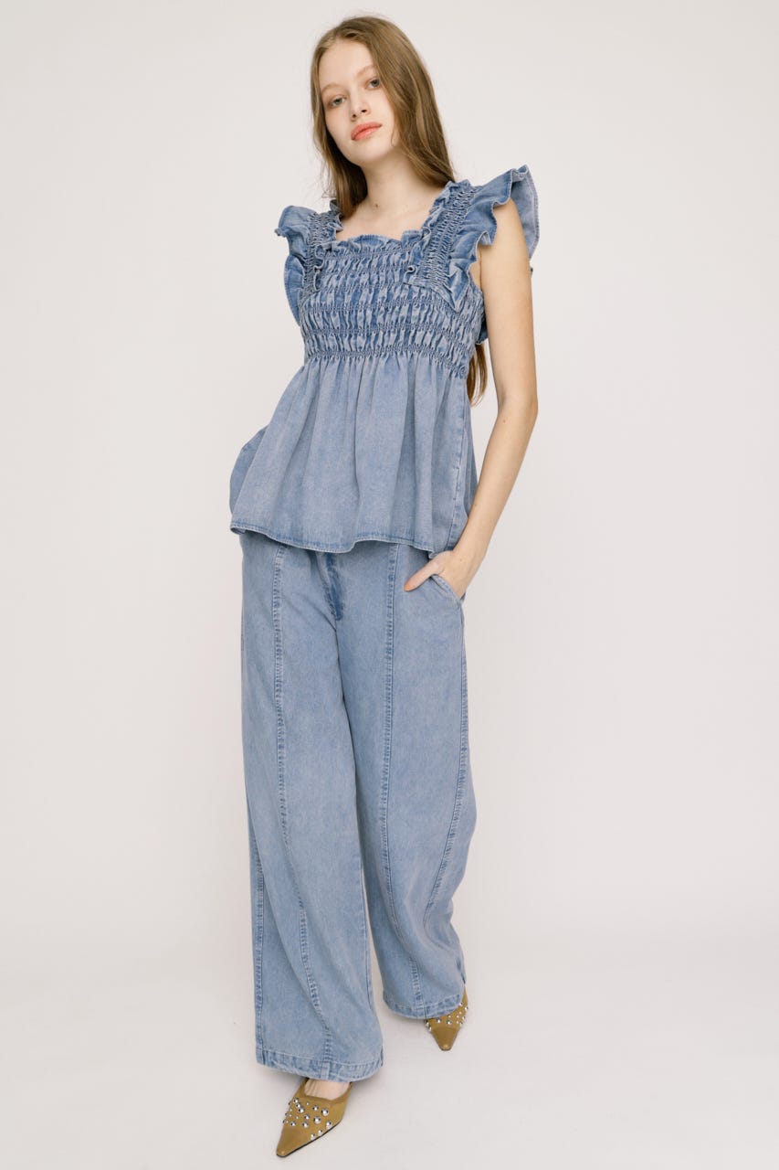 【SNSで話題！】DENIM ARM FRILL トップス L/BLU FREE