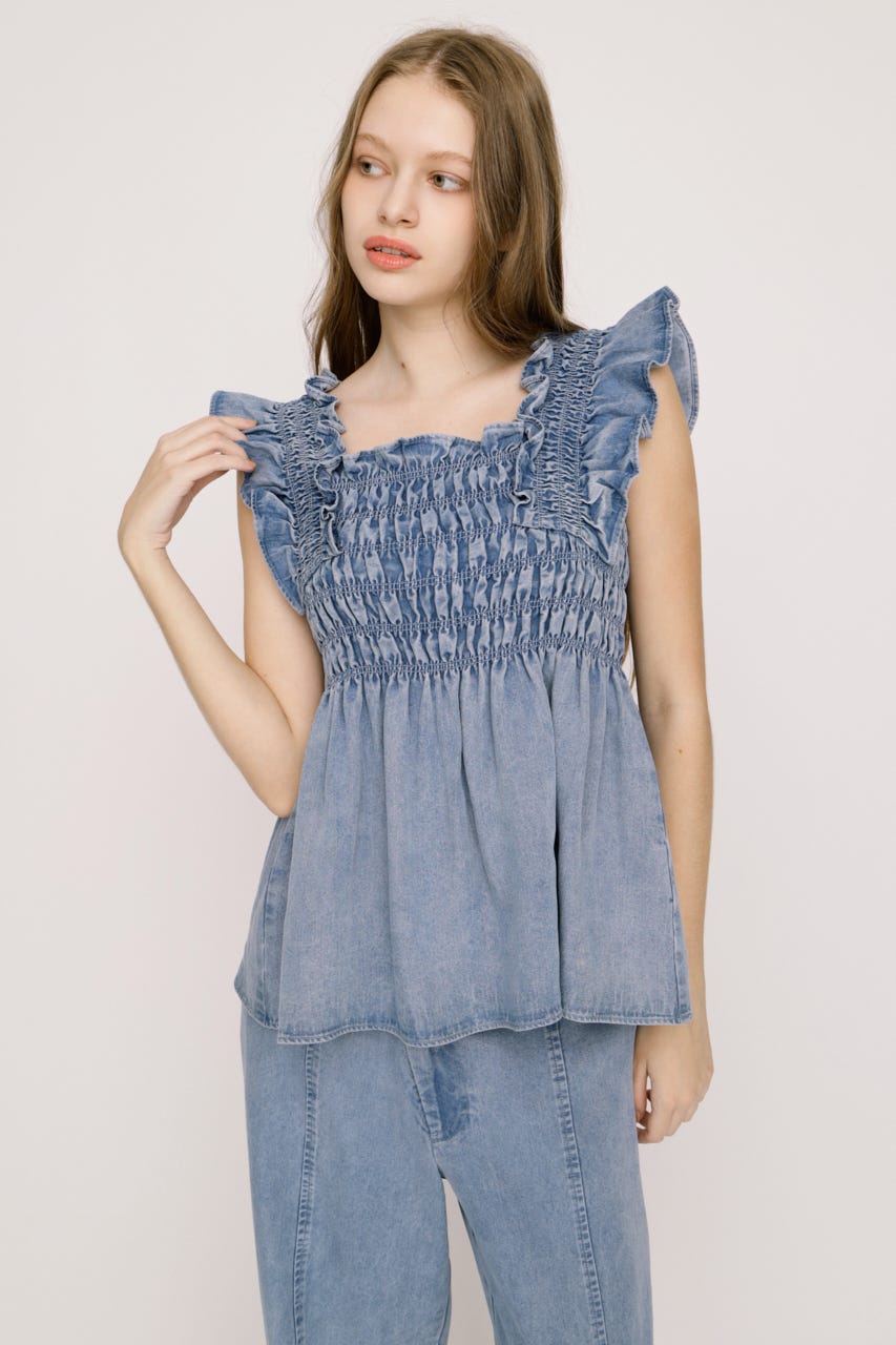【SNSで話題！】DENIM ARM FRILL トップス L/BLU FREE