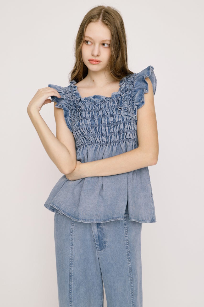 【SNSで話題！】DENIM ARM FRILL トップス L/BLU FREE