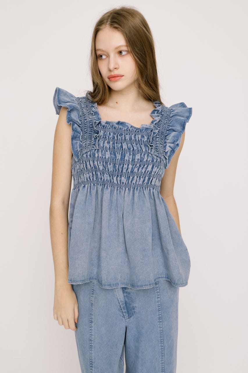 【SNSで話題！】DENIM ARM FRILL トップス L/BLU FREE