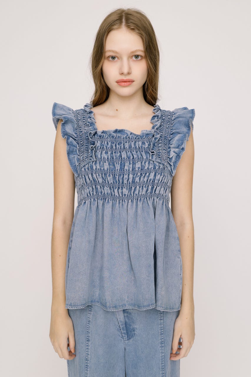 【SNSで話題！】DENIM ARM FRILL トップス L/BLU FREE