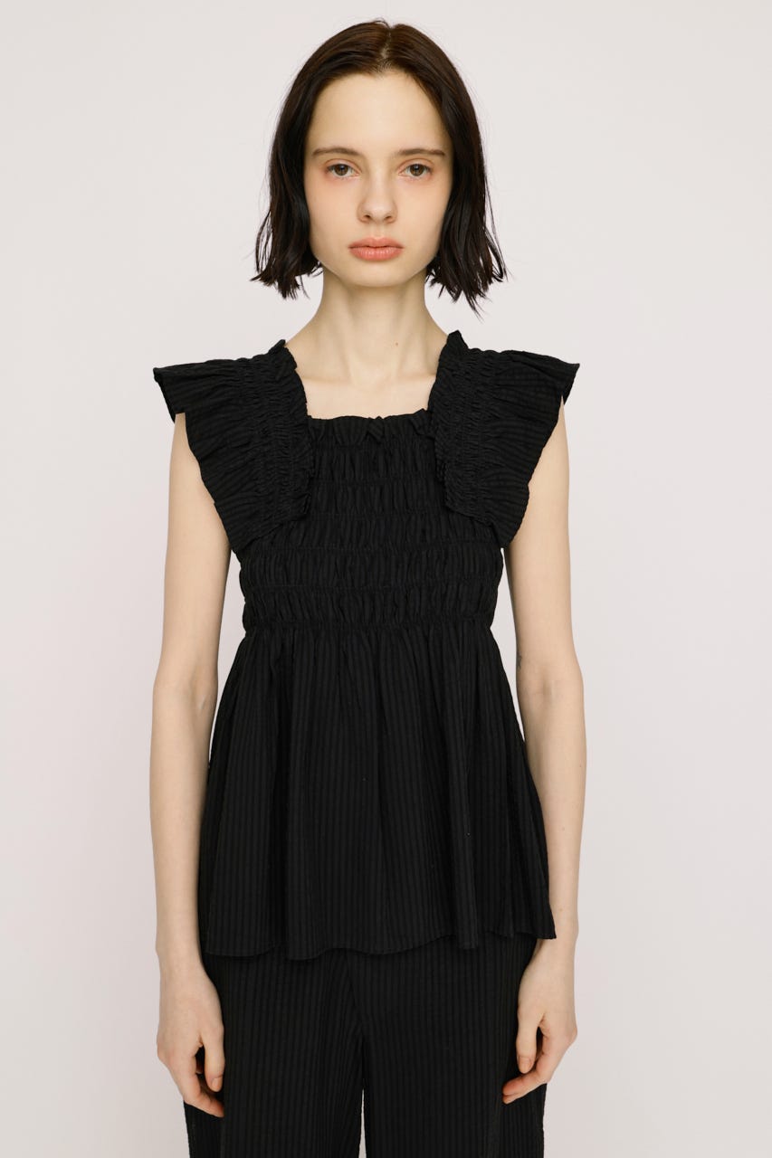 【SNSで話題！】SEERSUCKER ARM FRILL トップス BLK FREE