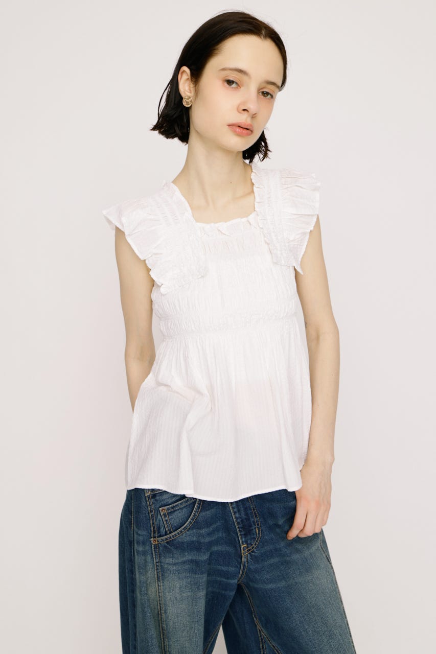 【SNSで話題！】SEERSUCKER ARM FRILL トップス WHT FREE