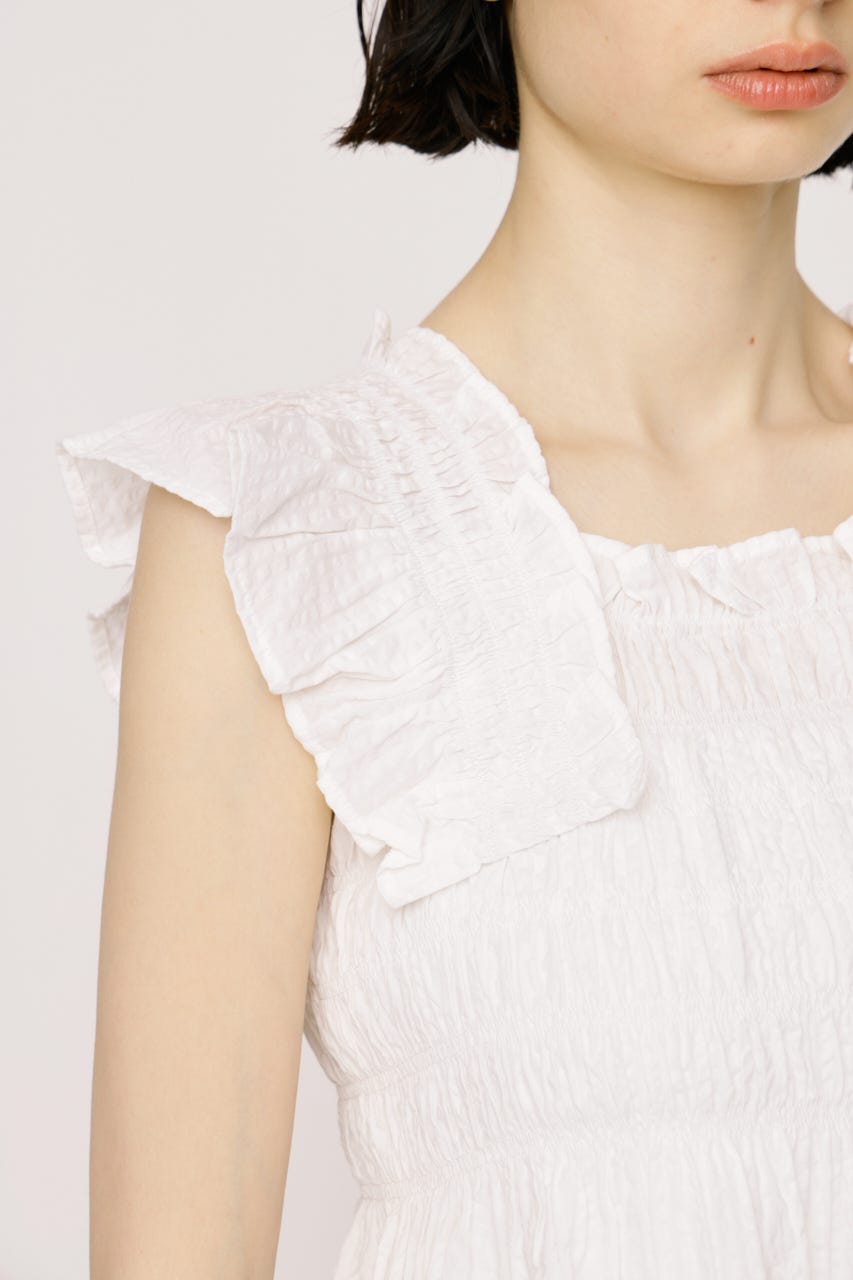 【1BUY5％OFF】SEERSUCKER ARM FRILL トップス WHT FREE