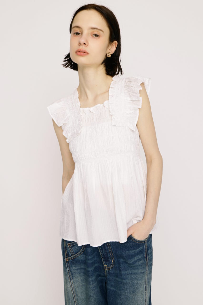 【SNSで話題！】SEERSUCKER ARM FRILL トップス WHT FREE