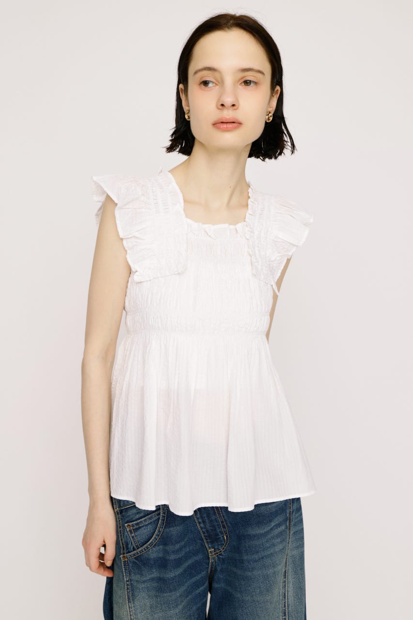 【SNSで話題！】SEERSUCKER ARM FRILL トップス WHT FREE