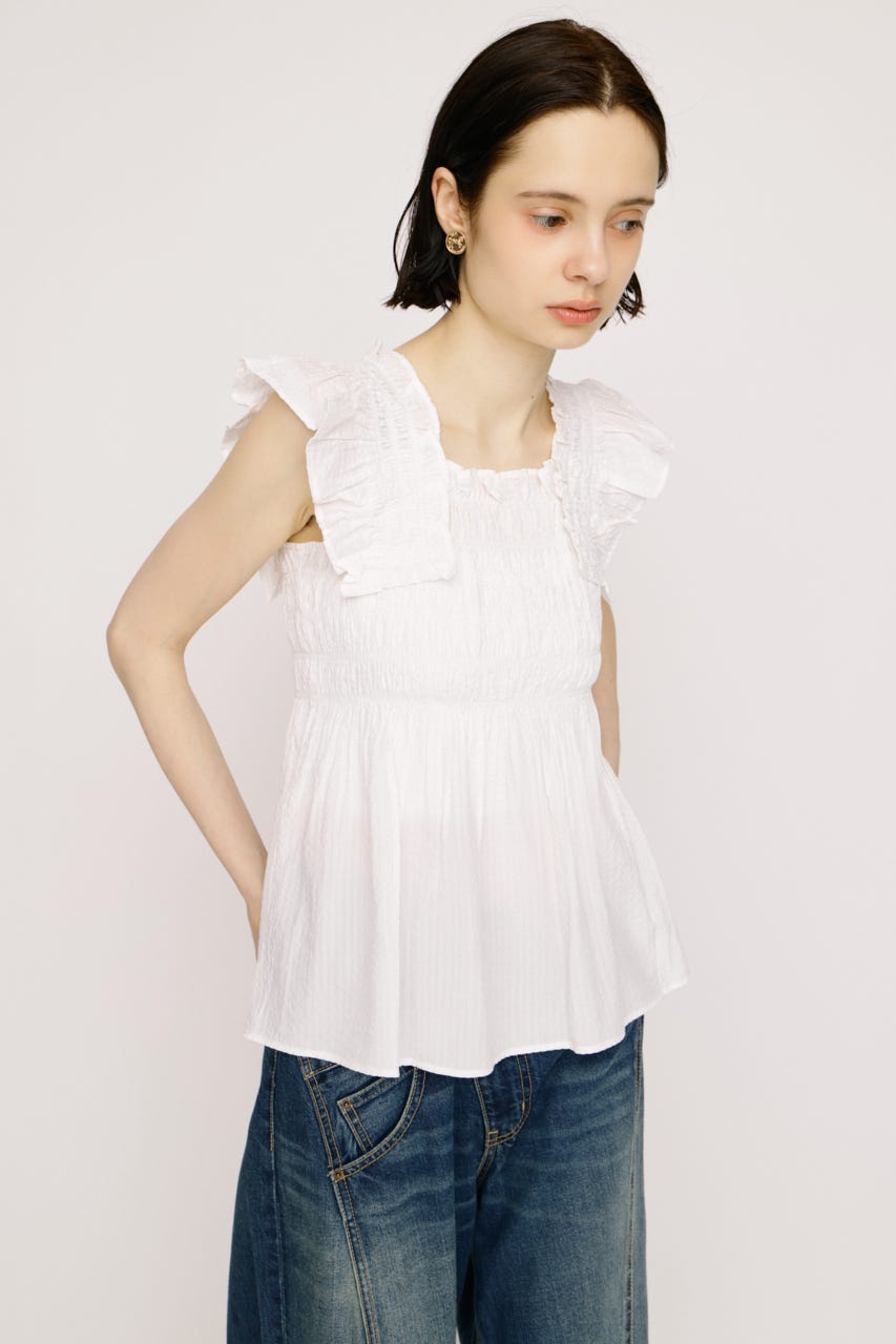 【SNSで話題！】SEERSUCKER ARM FRILL トップス WHT FREE