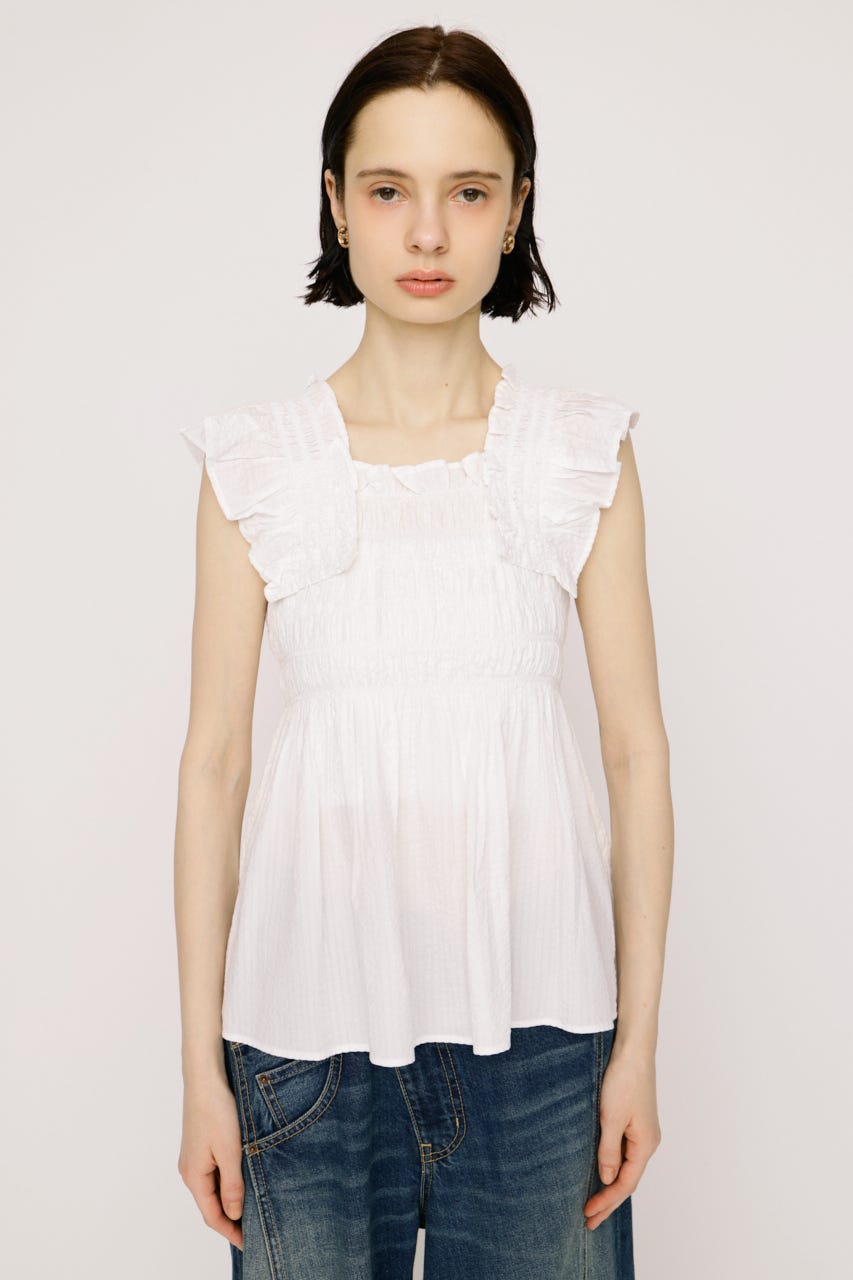 【SNSで話題！】SEERSUCKER ARM FRILL トップス WHT FREE