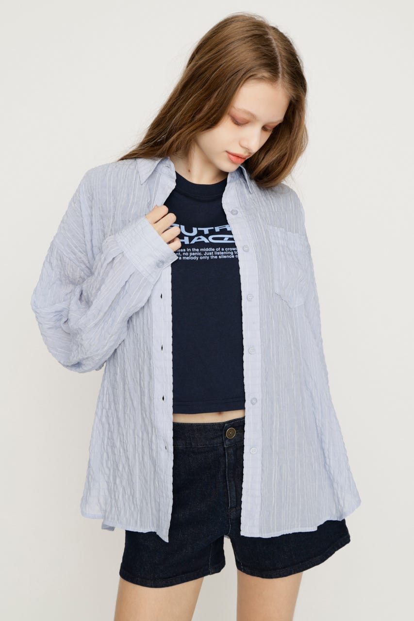 【1BUY5％OFF】SHEER OVER シャツ L/BLU FREE
