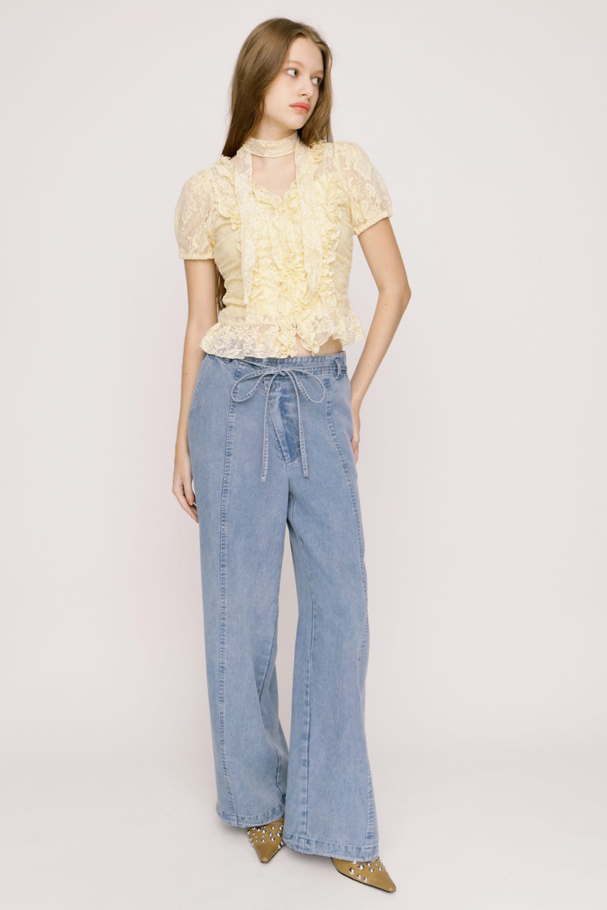 【SNSで話題！】DENIM RIBBON RELAX パンツ L/BLU 2