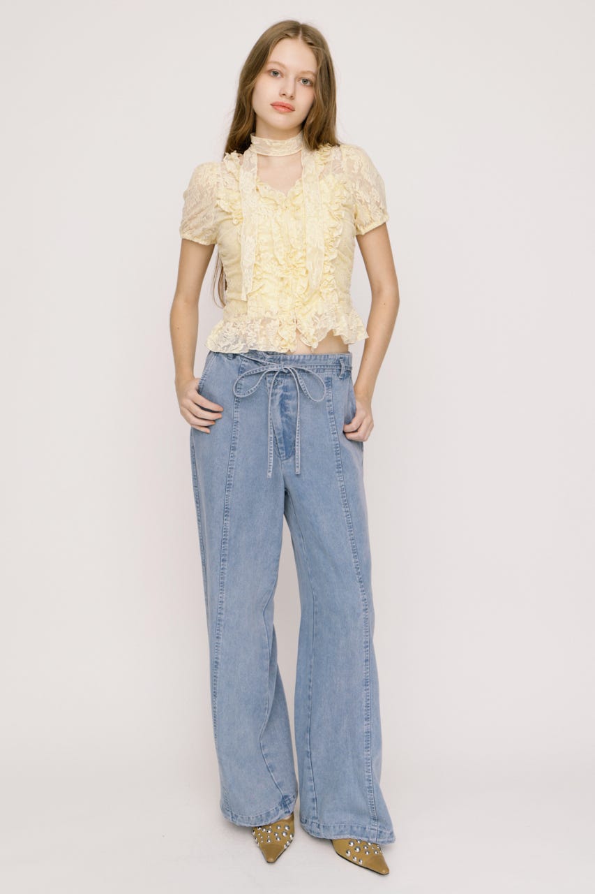 【SNSで話題！】DENIM RIBBON RELAX パンツ L/BLU 2