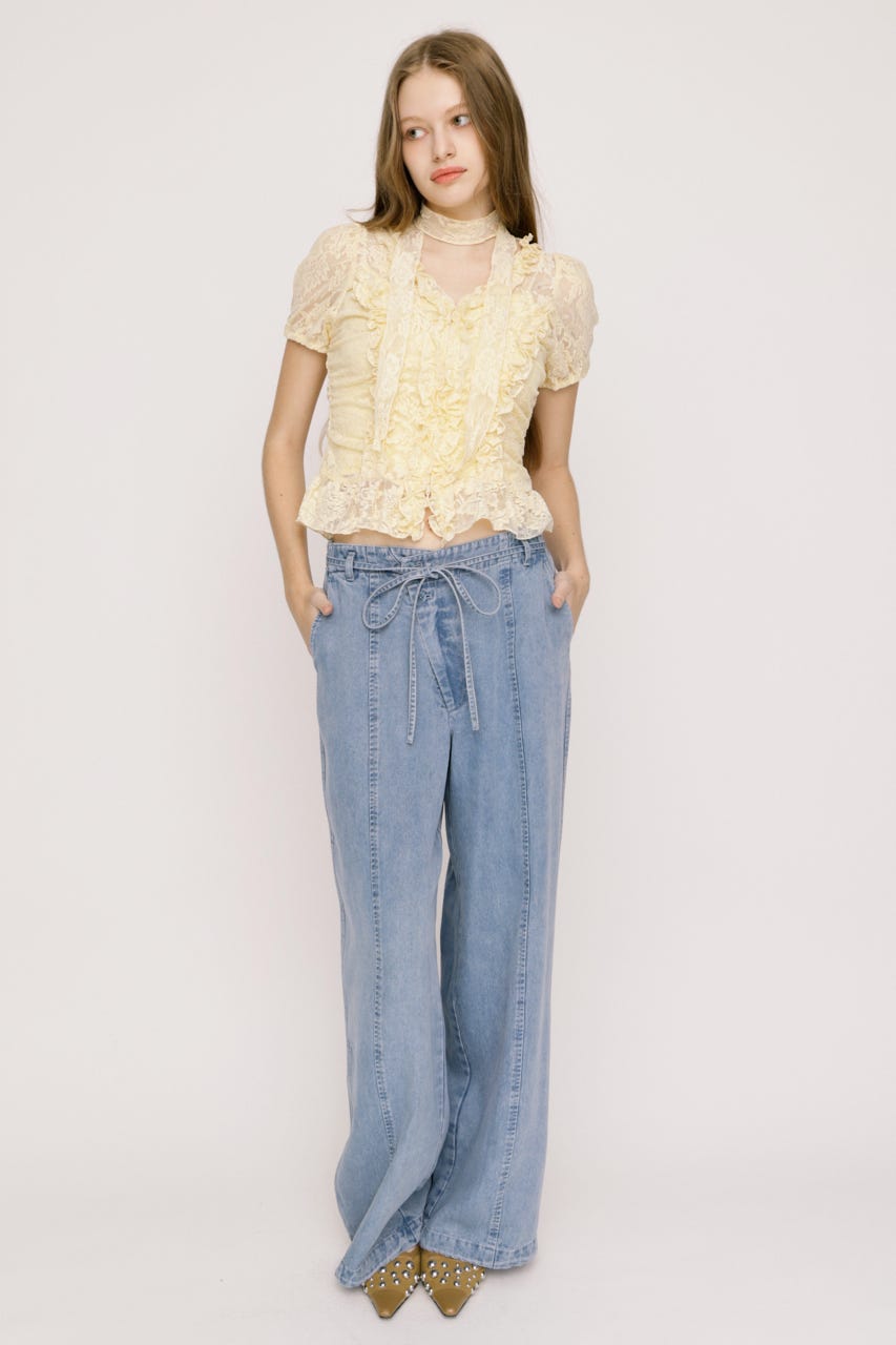 【SNSで話題！】DENIM RIBBON RELAX パンツ L/BLU 2