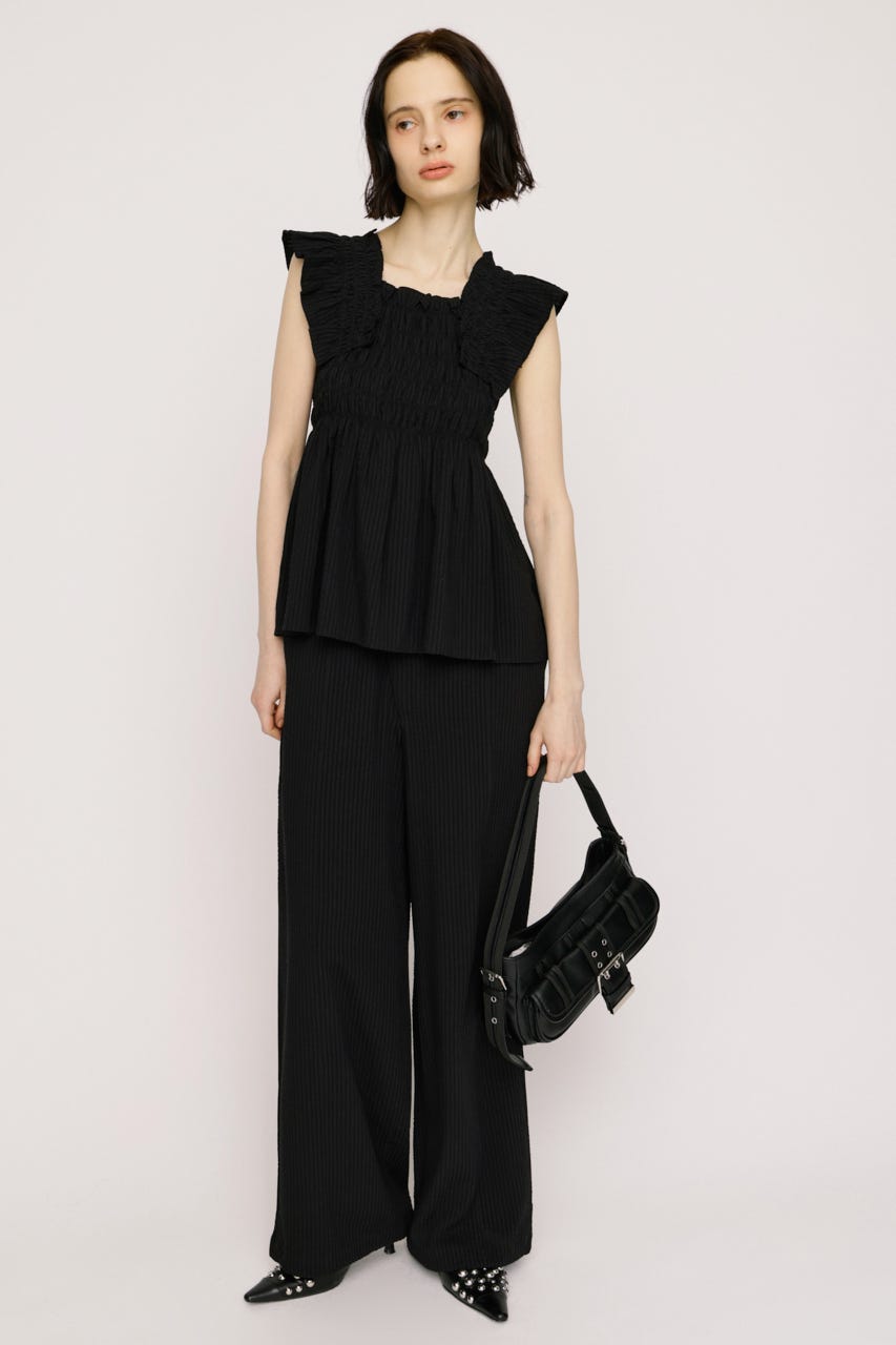 【SNSで話題！】SEERSUCKER RIBBON RELAX パンツ BLK 2