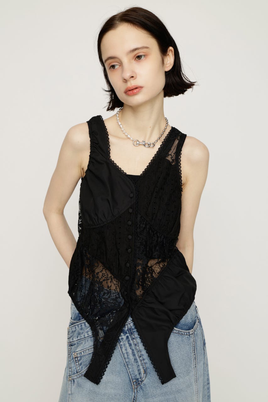 ASYMMETRY PATCHWORK LACE GILET BLK FREE