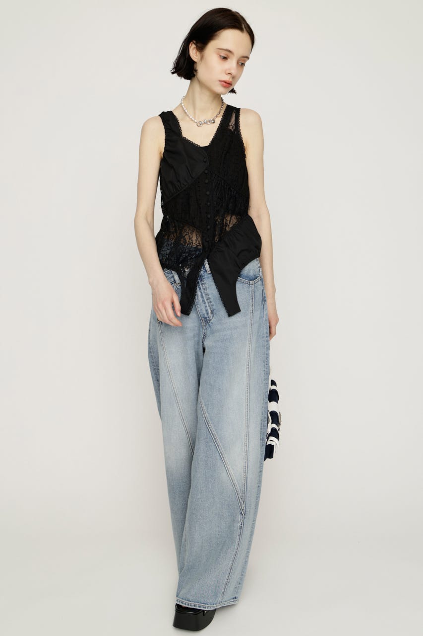 ASYMMETRY PATCHWORK LACE GILET BLK FREE