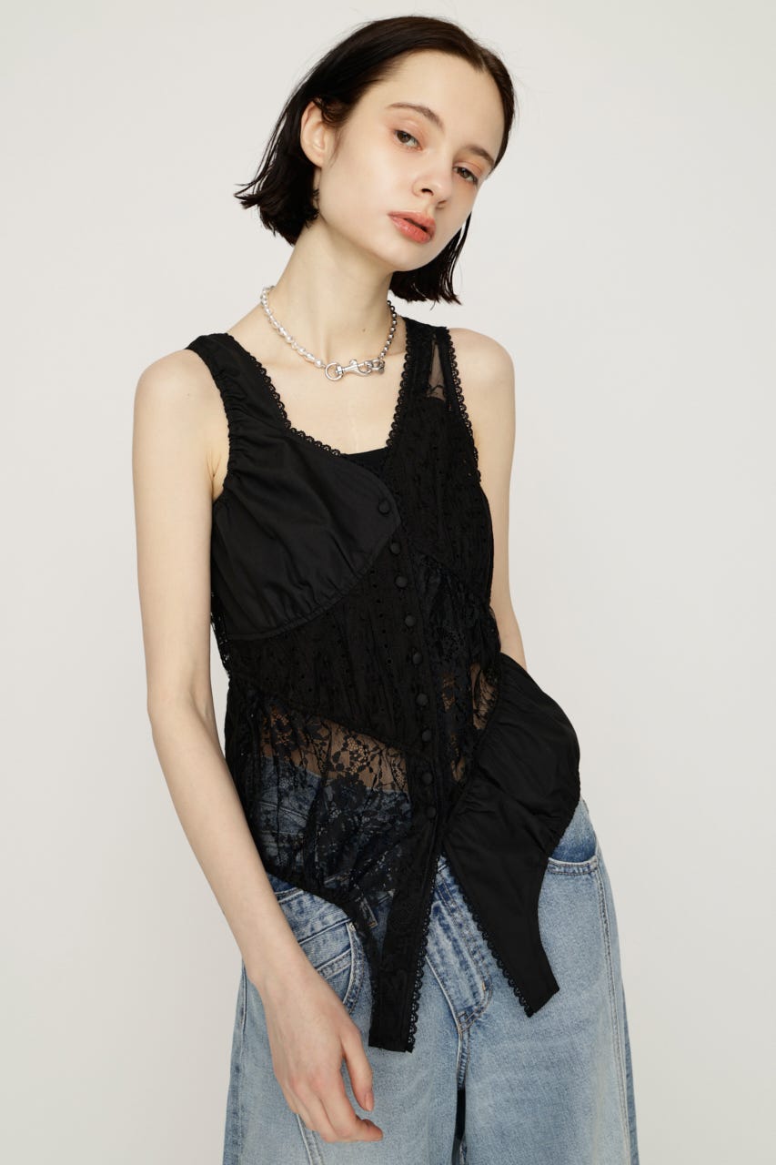 ASYMMETRY PATCHWORK LACE GILET BLK FREE