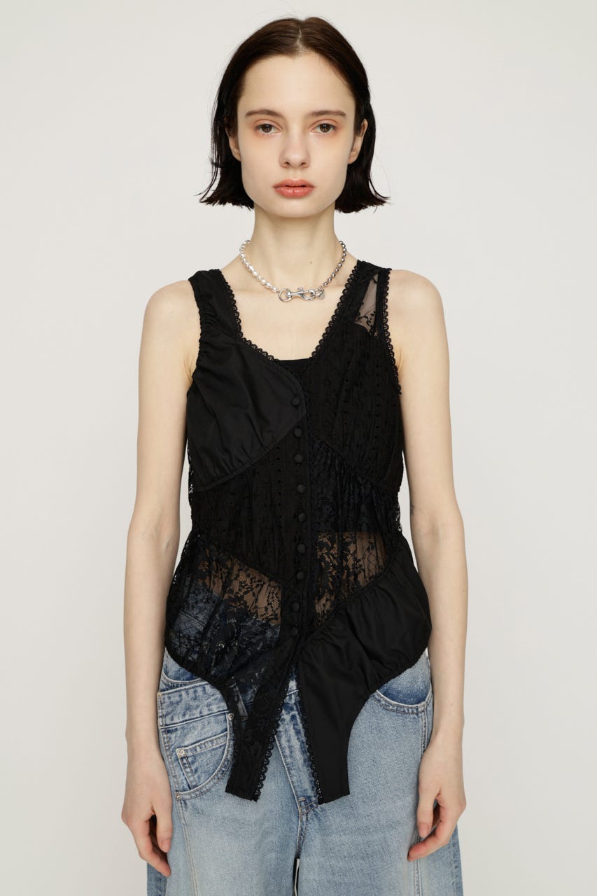 ASYMMETRY PATCHWORK LACE GILET BLK FREE