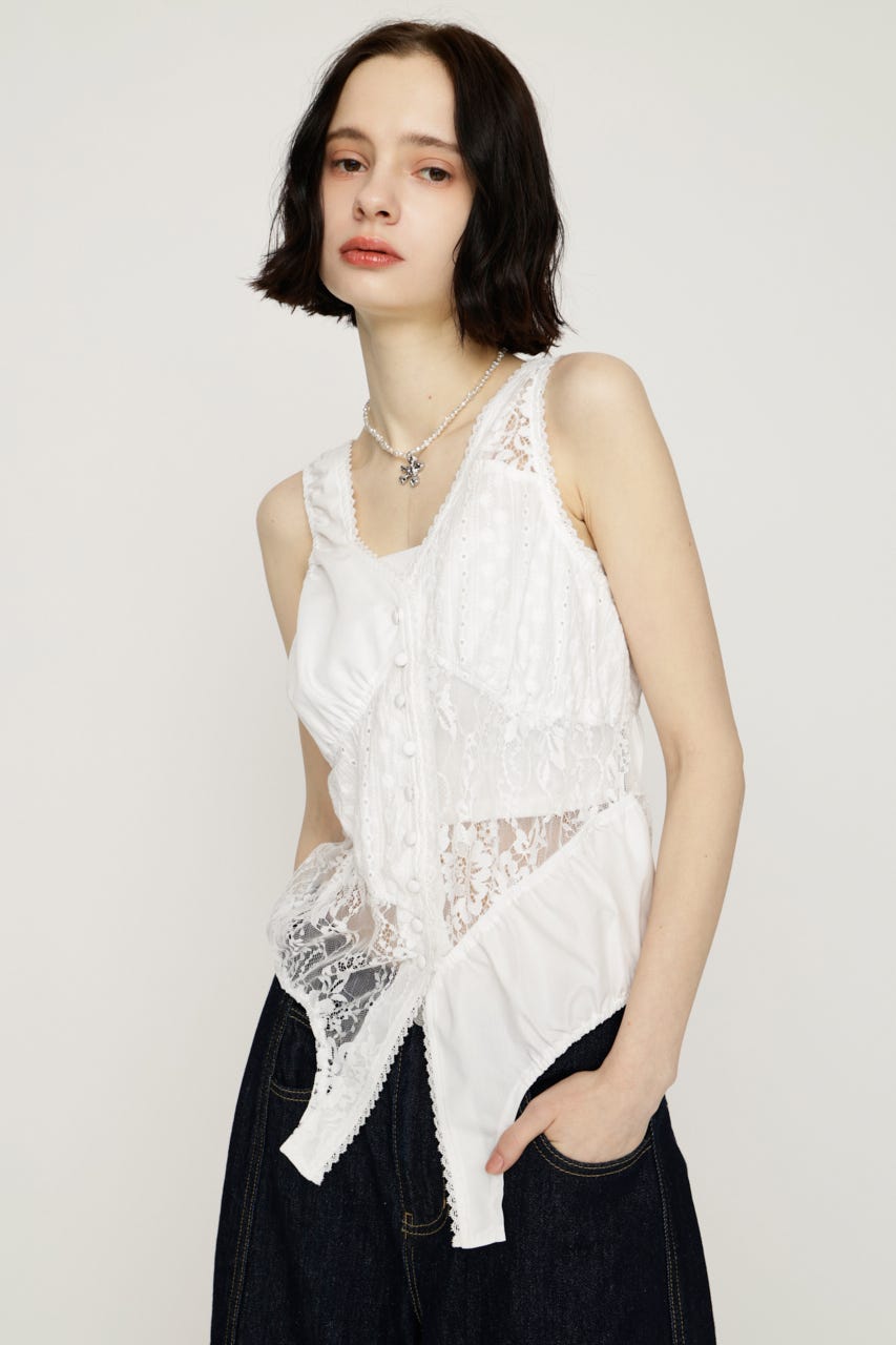 ASYMMETRY PATCHWORK LACE GILET O/WHT FREE