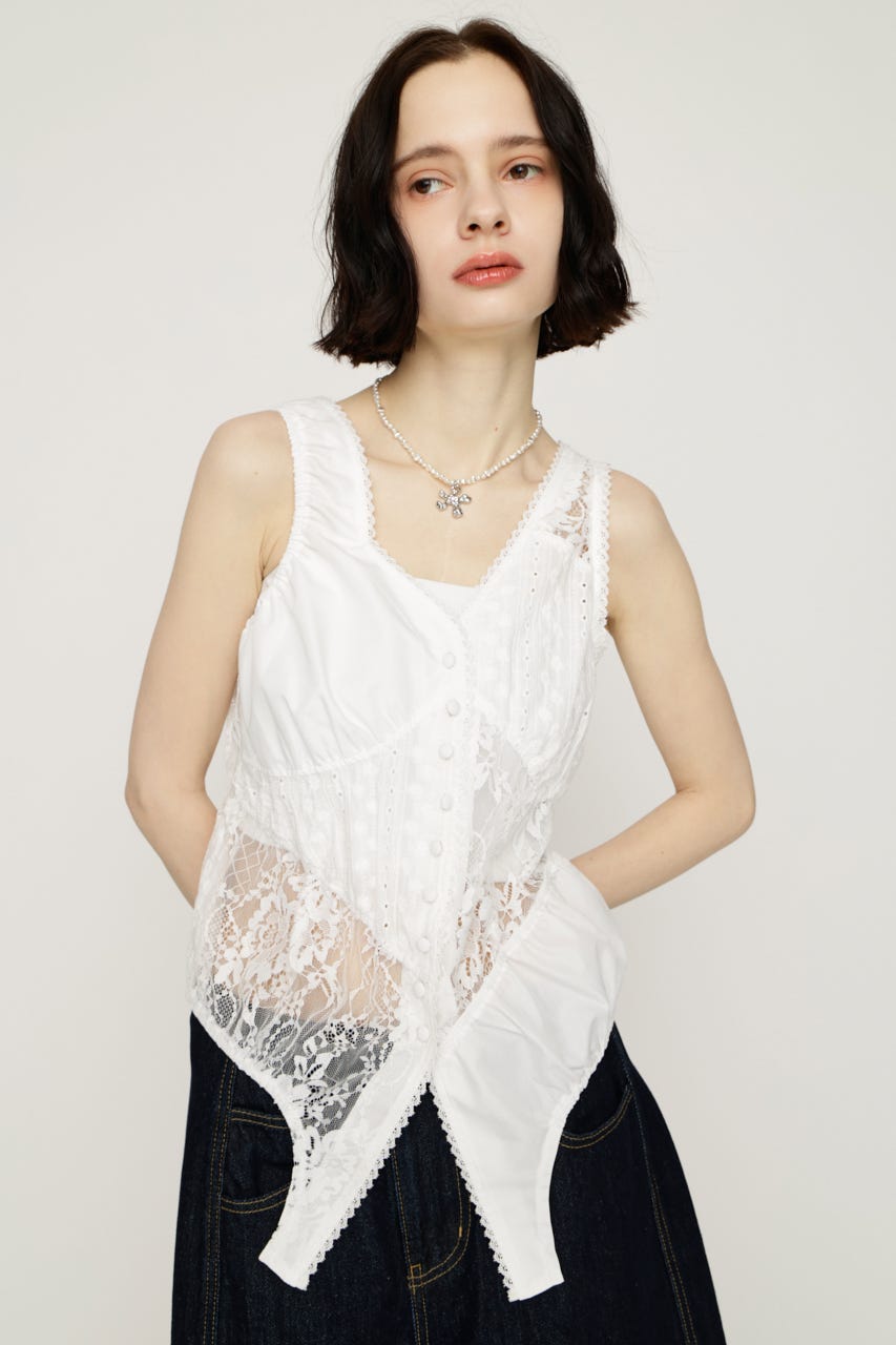 ASYMMETRY PATCHWORK LACE GILET O/WHT FREE