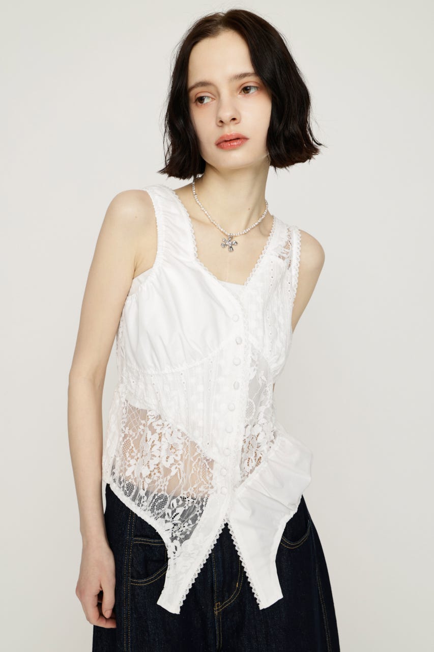 ASYMMETRY PATCHWORK LACE GILET O/WHT FREE