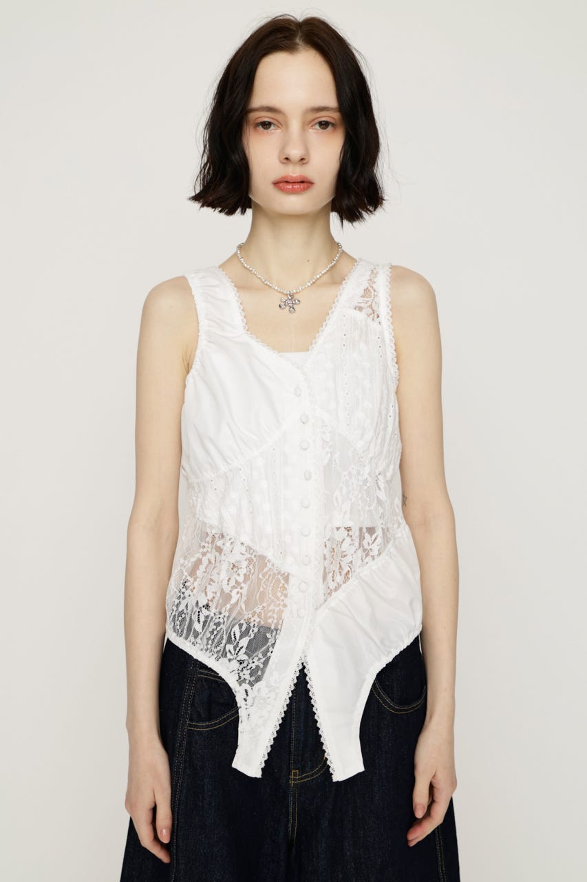 ASYMMETRY PATCHWORK LACE GILET O/WHT FREE
