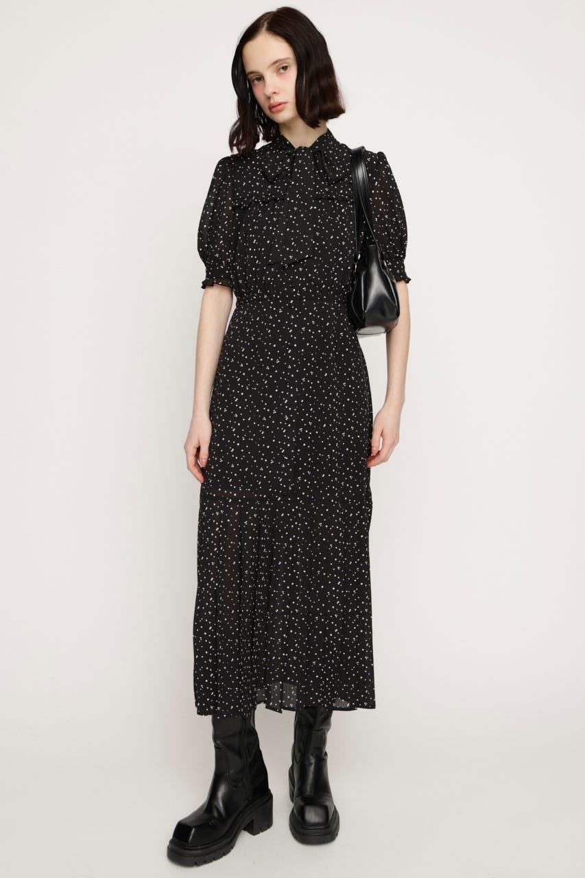 TINY DOTS TIE PLEATS ロングワンピース M/BLK FREE