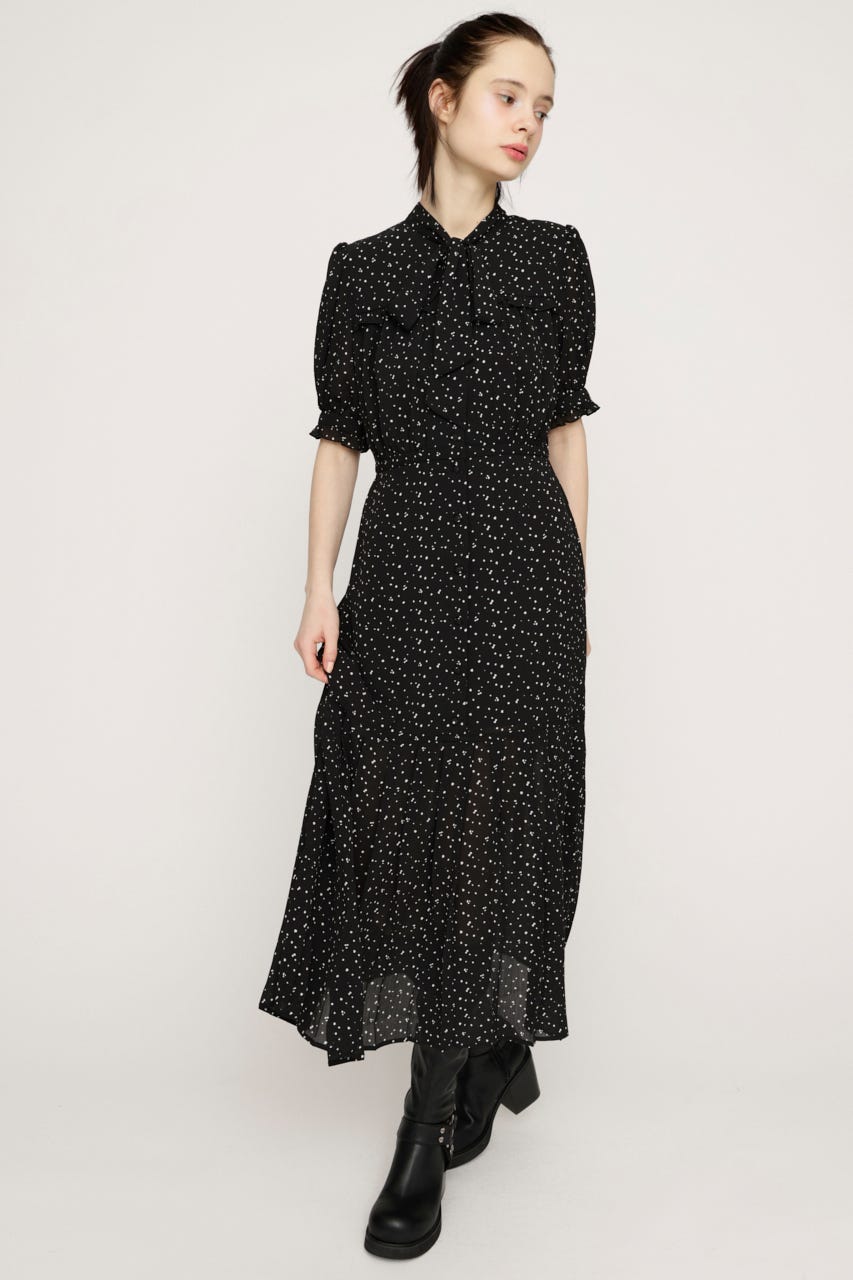 TINY DOTS TIE PLEATS ロングワンピース M/BLK FREE