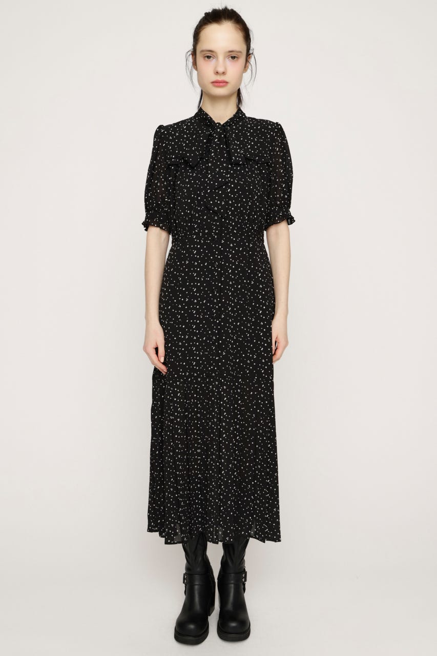 TINY DOTS TIE PLEATS ロングワンピース M/BLK FREE