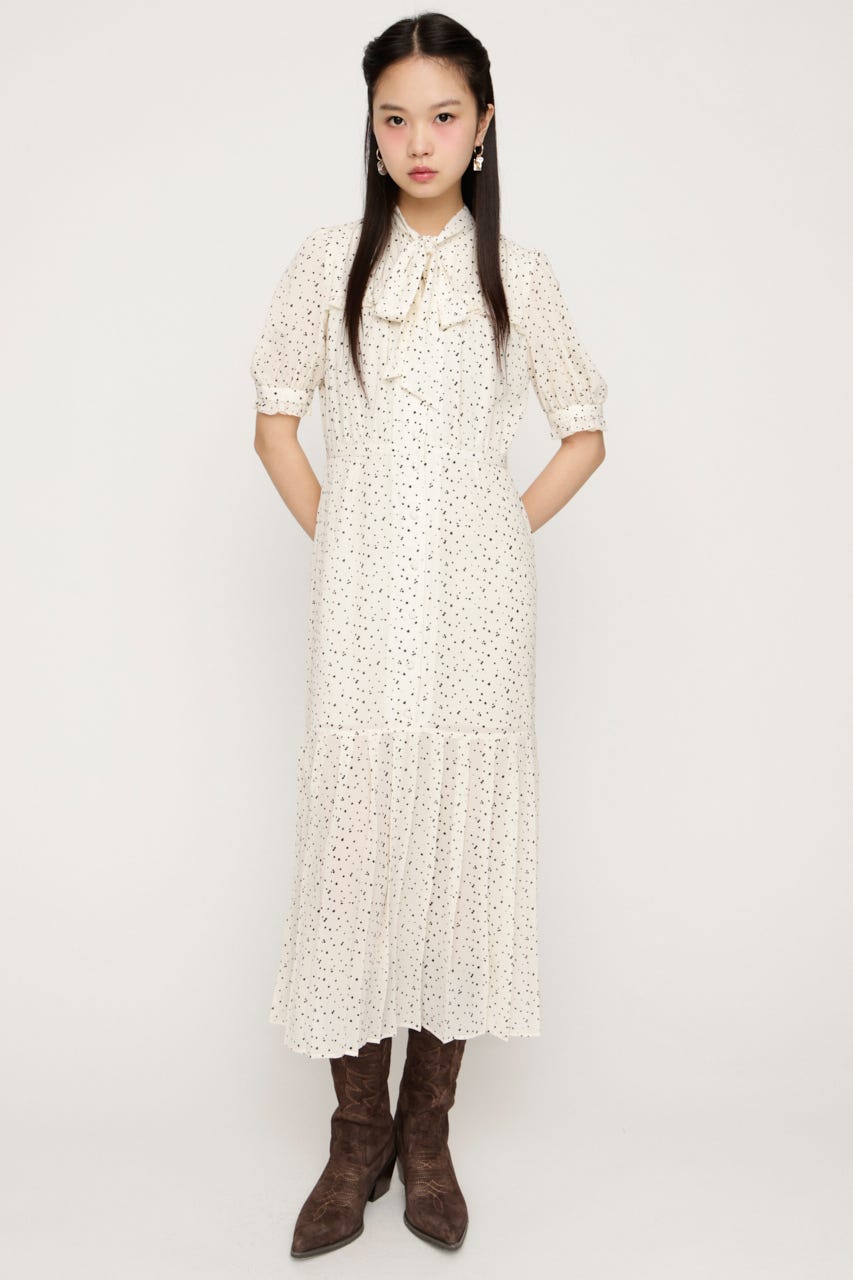 TINY DOTS TIE PLEATS ロングワンピース M/WHT FREE