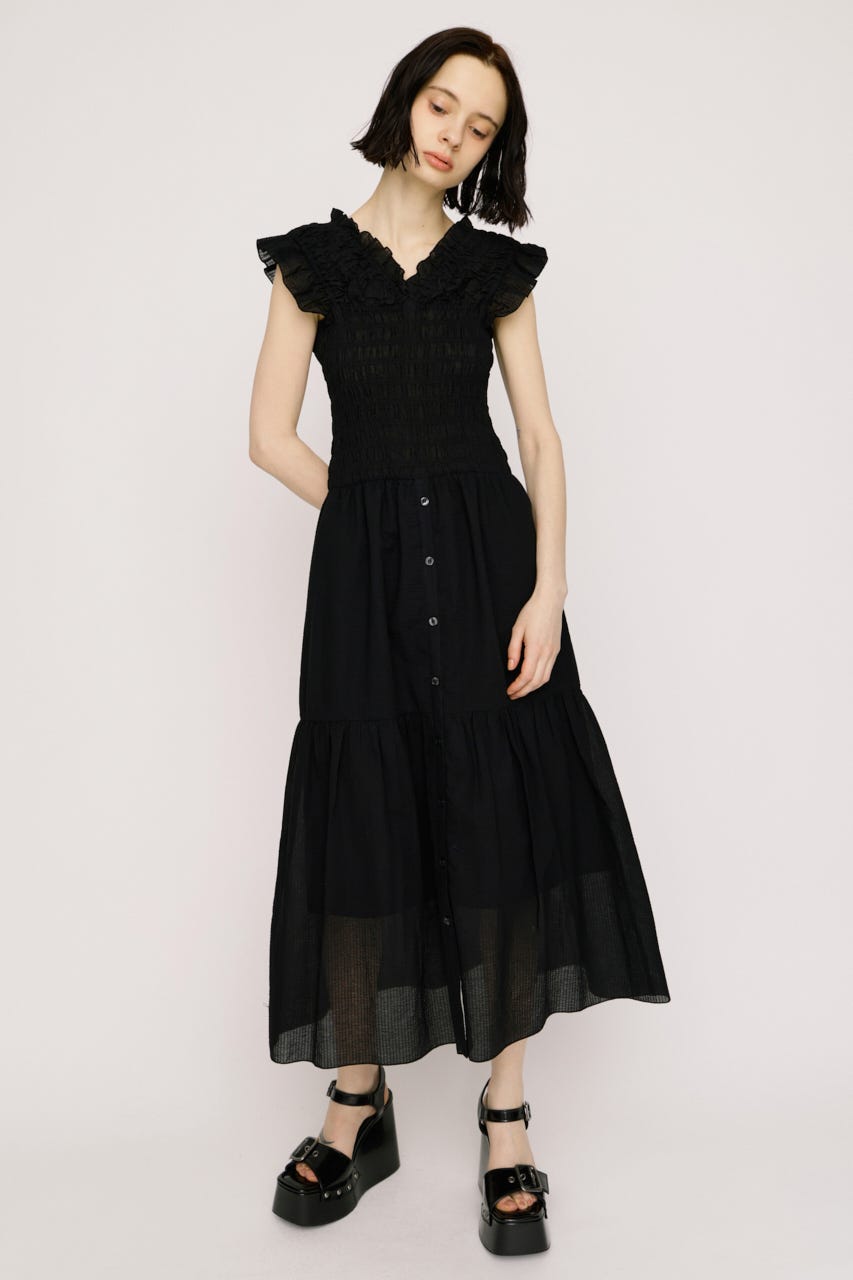 SHIRRING V／N ロングワンピース BLK 1
